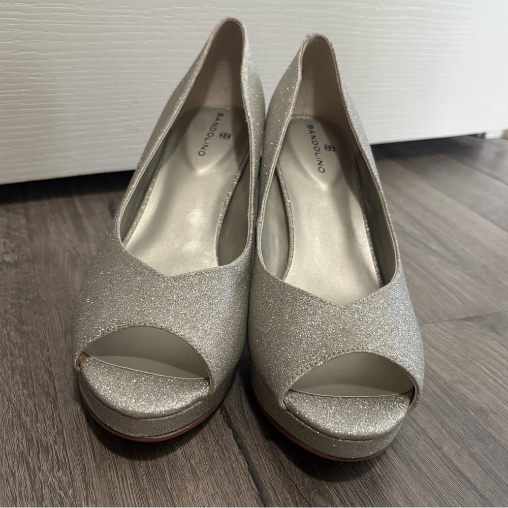 Bandolino Glittering Silver Peep-Toe High Heels Cushion Women’s 7.5 M